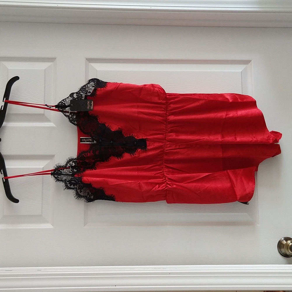NWT, City Chic, Red, playsuit, size 16, satin, black lace trim